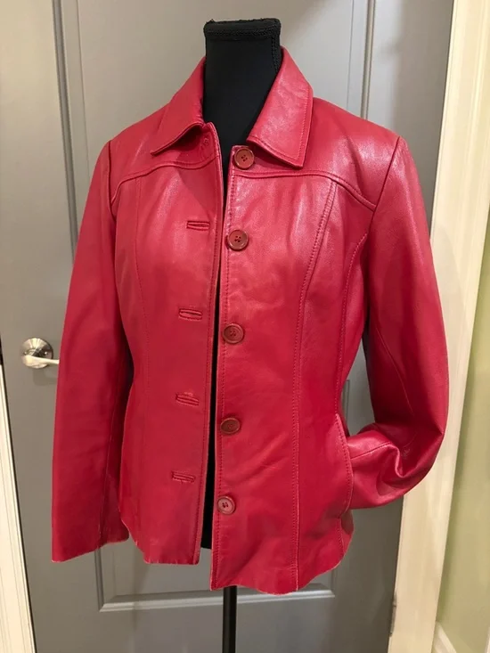 Danier Red Leather Button-Front Jacket - Picture 2 of 11
